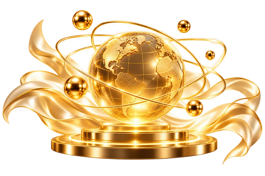 Original three-dimensional polished gold globe with gold orbit rings, spheres and podium