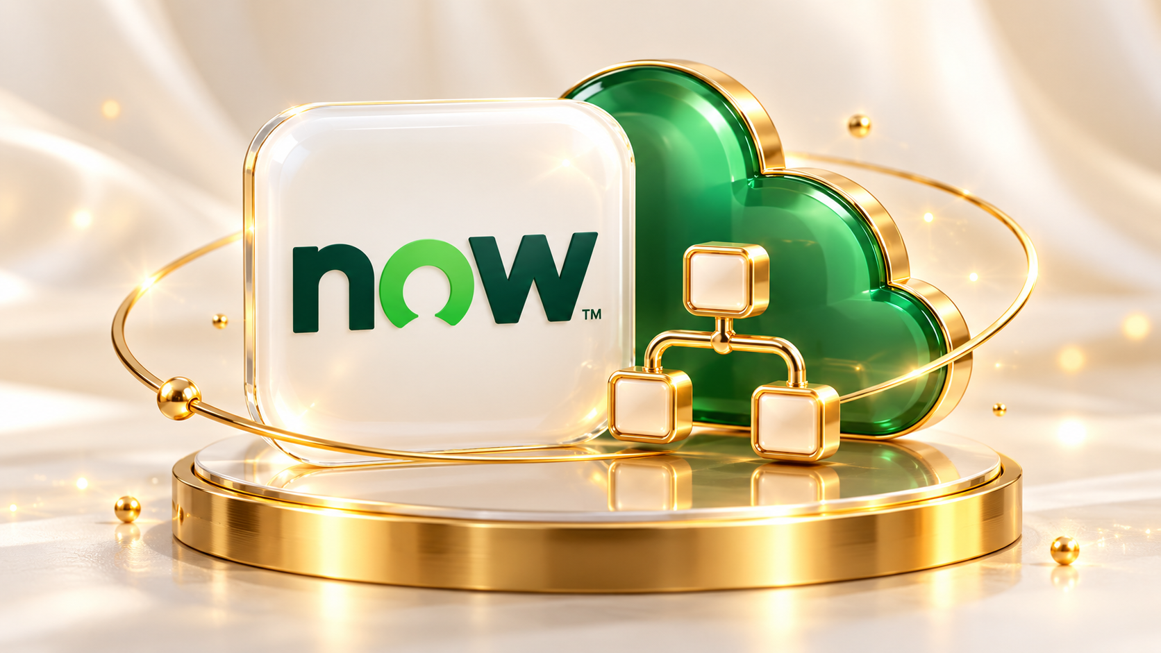 ServiceNow cloud and workflow illustration in gold and glass